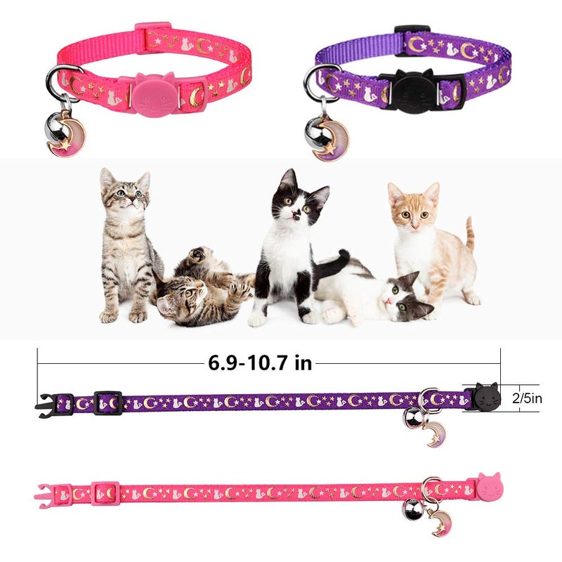 Baeuppit 2PCS Breakaway Cat Collars with Bell Moons Stars Cute Kitty Adjustable Safe Kitten Collars with Pendant Glow in The Dark(Purple&Pink) - Image 5